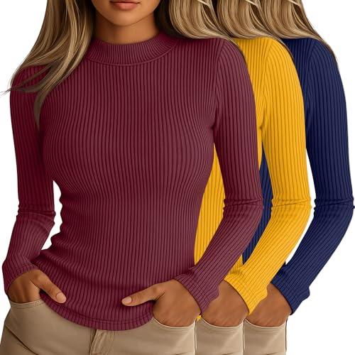 Riyiper 3 Pack Womens Ribbed Shirts Mock Turtleneck Long Sleeve Tops Slim Fitted Undershirts Casual Basic Layering TeesRose Red Yellow Navy BlueSmall - Image 1