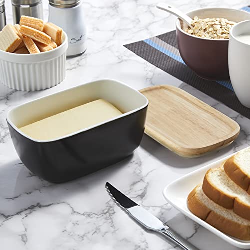 ALELION Ceramic Butter Container with Airtight Wooden Lid - Black Butter Keeper Crock for Countertop - Holds Up To 3 Sticks - Image 2