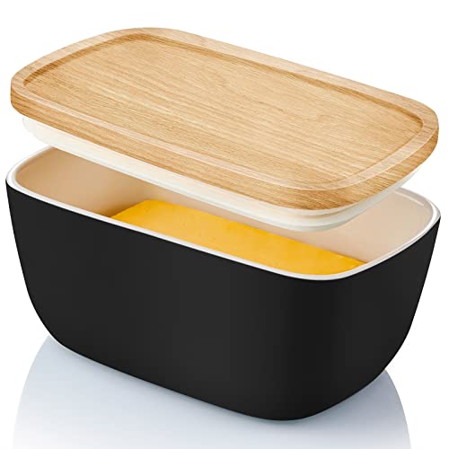ALELION Ceramic Butter Container with Airtight Wooden Lid - Black Butter Keeper Crock for Countertop - Holds Up To 3 Sticks - Image 1