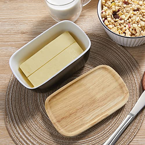 ALELION Ceramic Butter Container with Airtight Wooden Lid - Black Butter Keeper Crock for Countertop - Holds Up To 3 Sticks - Image 4