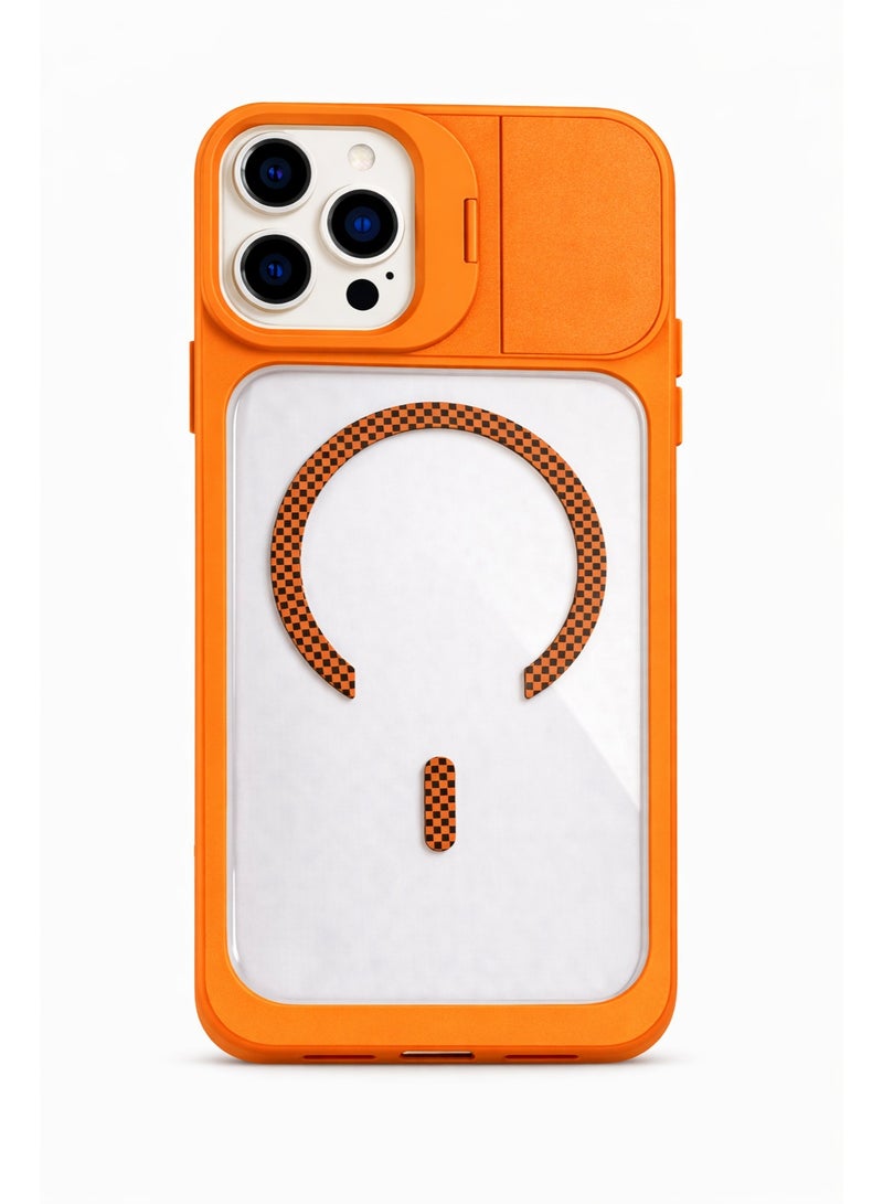 في آر كرييتيف غطاء حماية متين MagSafe لهاتف آبل iPhone 16 Pro Max مع غطاء كاميرا منزلق، تصميم مقاوم للصدمات، متوافق مع الشحن اللاسلكي – برتقالي - Image 1