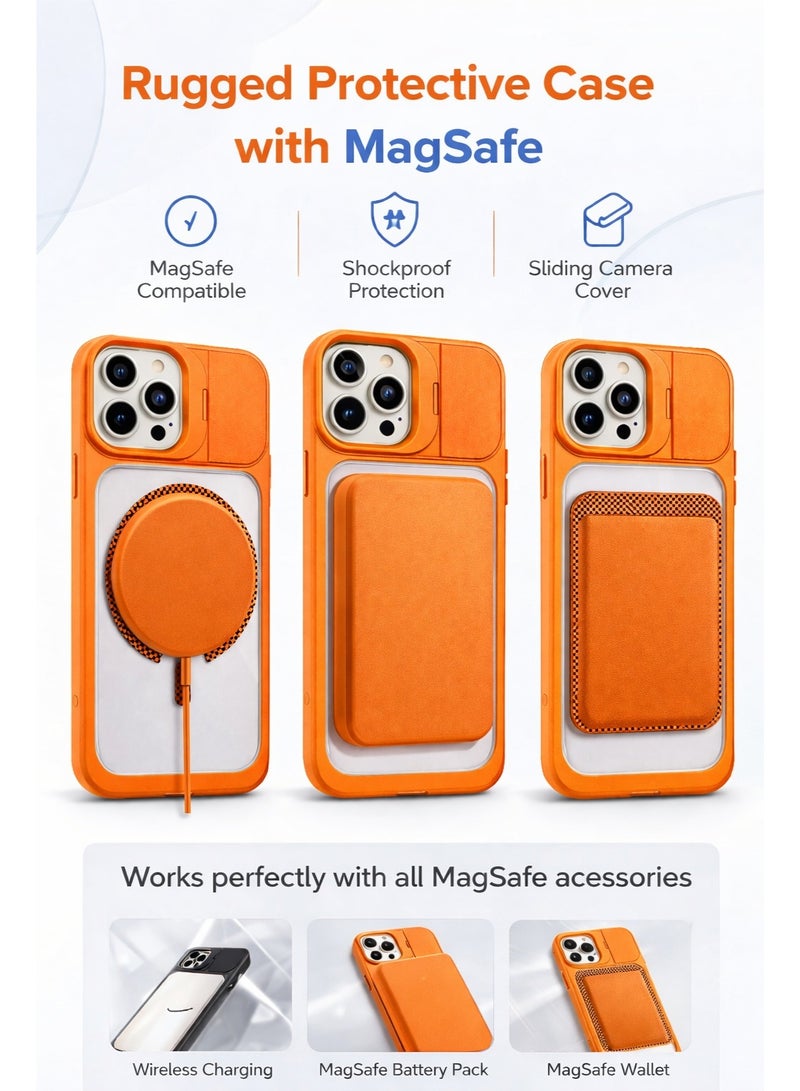 في آر كرييتيف غطاء حماية متين MagSafe لهاتف آبل iPhone 16 Pro Max مع غطاء كاميرا منزلق، تصميم مقاوم للصدمات، متوافق مع الشحن اللاسلكي – برتقالي - Image 2