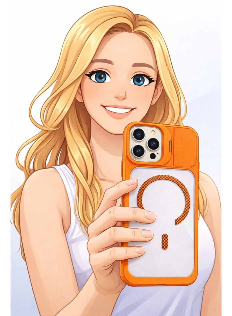 في آر كرييتيف غطاء حماية متين MagSafe لهاتف آبل iPhone 16 Pro Max مع غطاء كاميرا منزلق، تصميم مقاوم للصدمات، متوافق مع الشحن اللاسلكي – برتقالي - Image 4