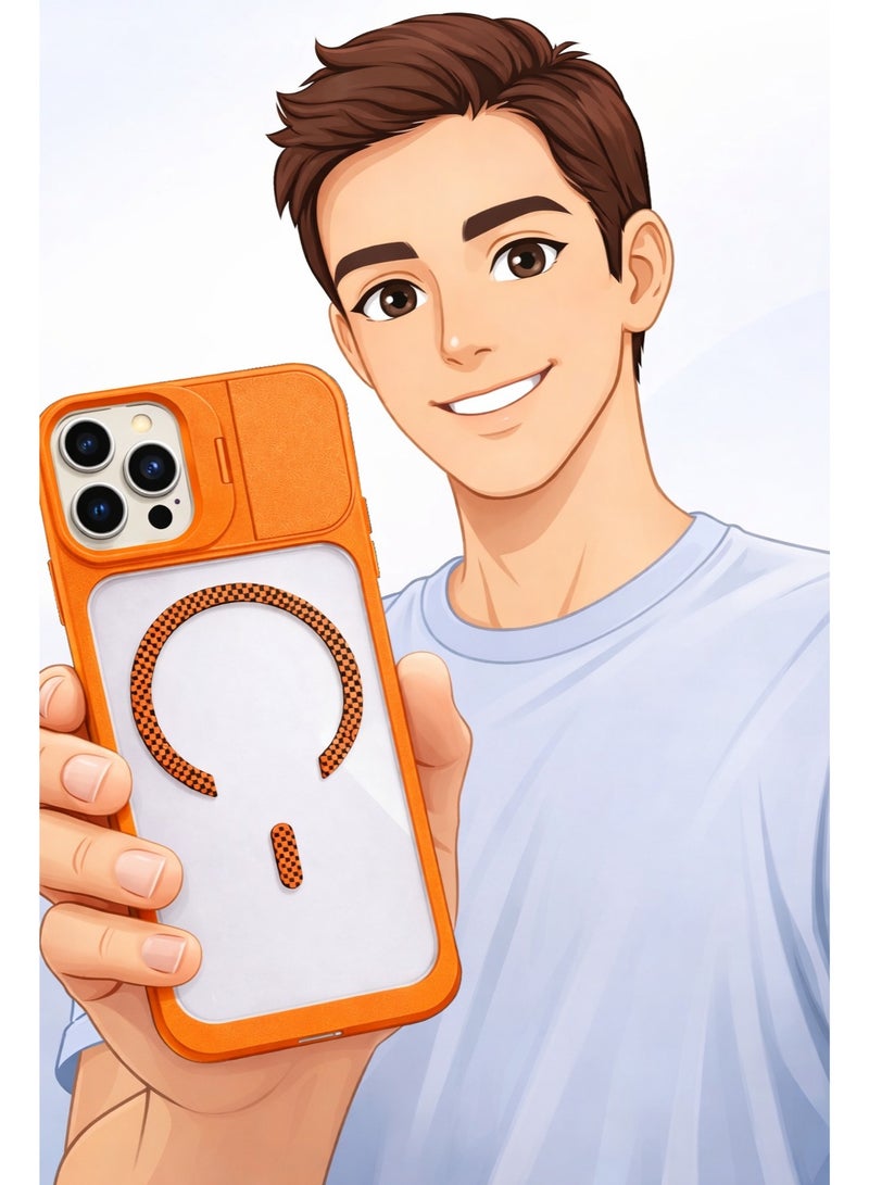 في آر كرييتيف غطاء حماية متين MagSafe لهاتف آبل iPhone 16 Pro Max مع غطاء كاميرا منزلق، تصميم مقاوم للصدمات، متوافق مع الشحن اللاسلكي – برتقالي - Image 3