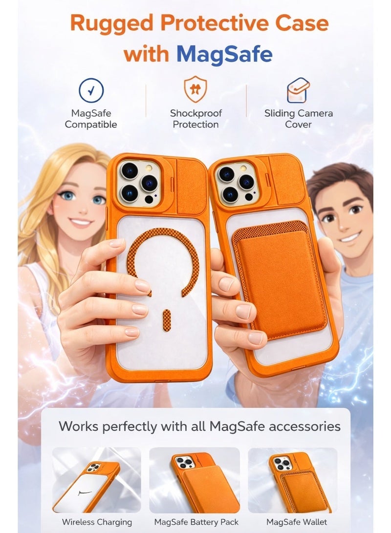 VR CREATIVE Rugged MagSafe Protective Case for Apple iPhone 16 Pro Max with Sliding Camera Cover, Shockproof Design, Wireless Charging Compatible – Orange - Image 3