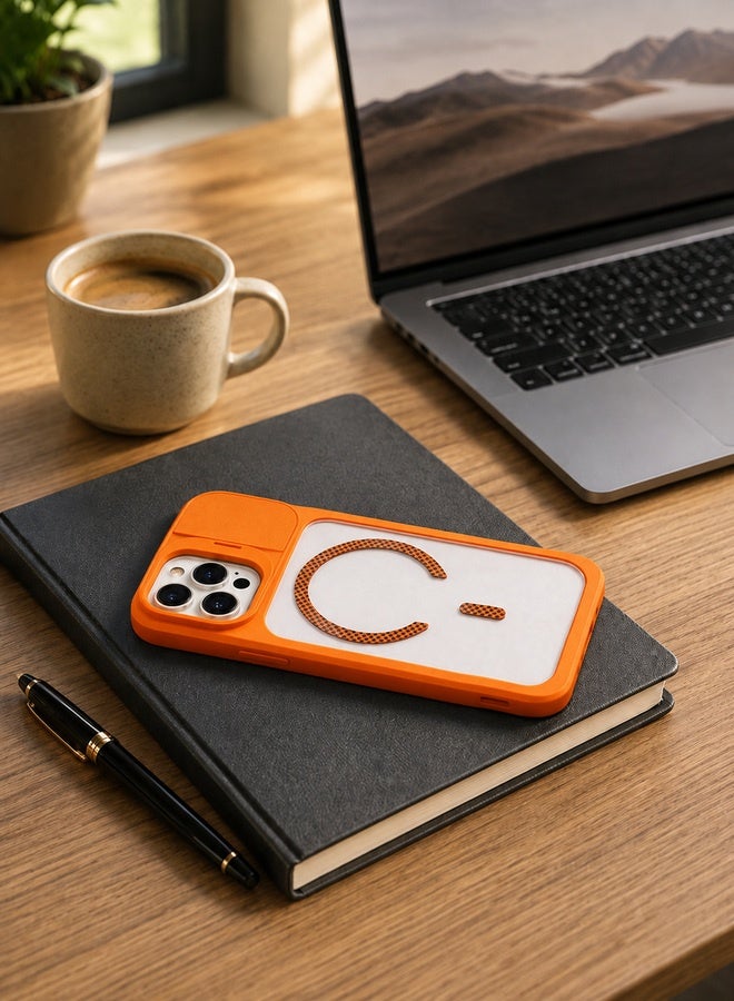 VR CREATIVE Rugged MagSafe Protective Case for Apple iPhone 16 Pro Max with Sliding Camera Cover, Shockproof Design, Wireless Charging Compatible – Orange - Image 4