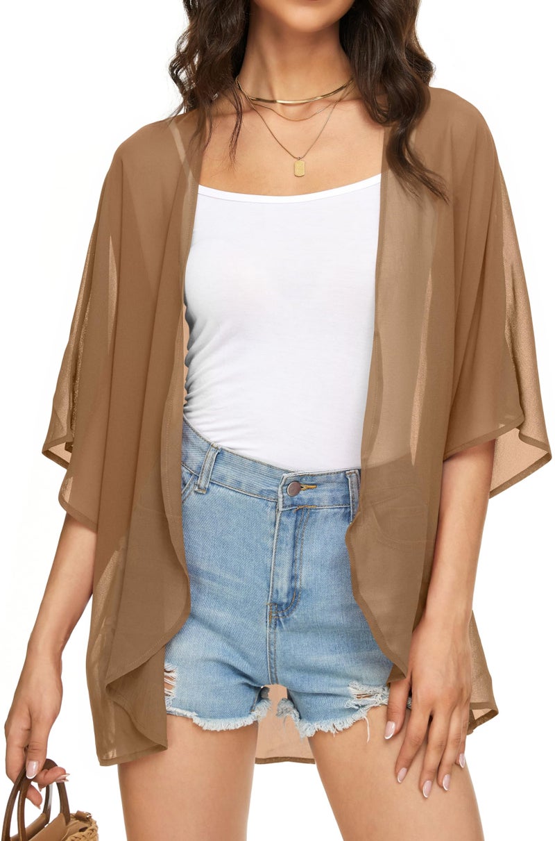 JILUVIN Womens Kimono Cardigans Beach Cover ups Swimwear Puff Sleeve Loose Casual Summer Tops (Khaki,L) - Image 1