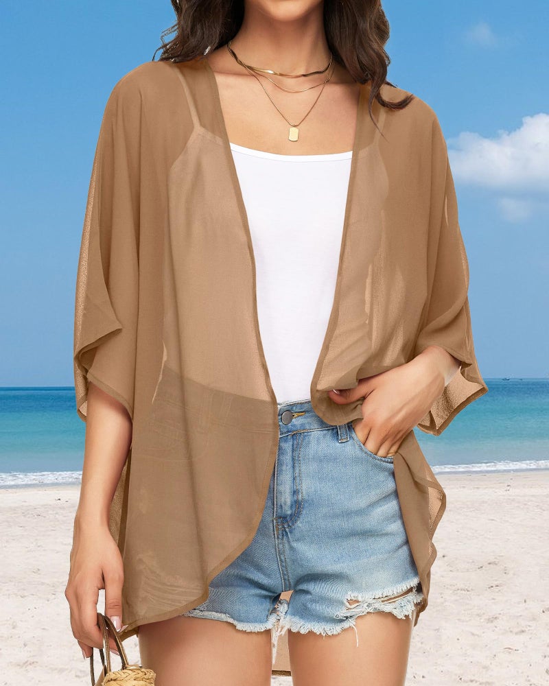 JILUVIN Womens Kimono Cardigans Beach Cover ups Swimwear Puff Sleeve Loose Casual Summer Tops (Khaki,L) - Image 5
