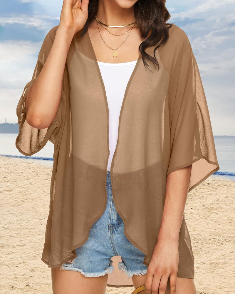 JILUVIN Womens Kimono Cardigans Beach Cover ups Swimwear Puff Sleeve Loose Casual Summer Tops (Khaki,L) - Image 4