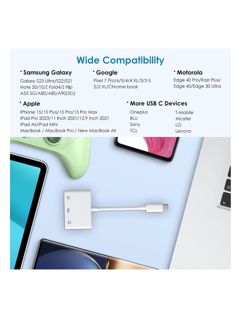Generic - 3.5mm Headphone Jack Adapter for iPhone/iPad - 3in1 Dual Audio Splitter with Lightning & USB-C Charging Port, Compatible with iPhone 15/14/13/12/11/SE/XS/XR/X/8/7, iPad Pro/Air/Mini, Galaxy S Series, Pixel, and More - Image 1
