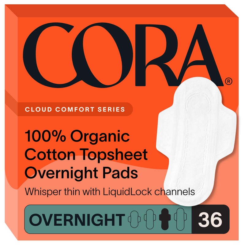 Cora 100% Organic Cotton Topsheet Pads | Ultra Thin Period Pads with Wings | Overnight Absorbency | Ultra-Absorbent Sanitary Pads for Women (36 Count) - Image 1