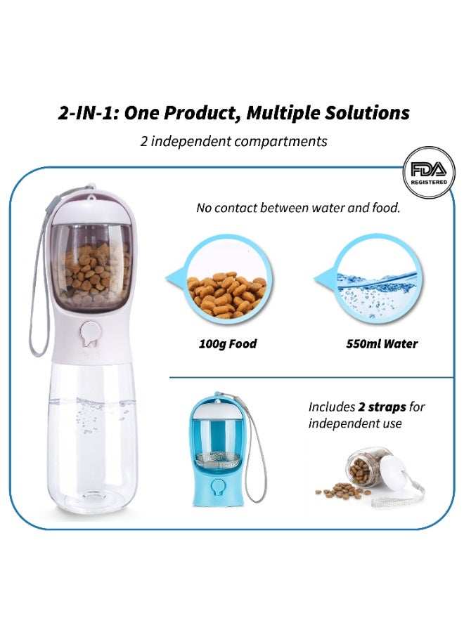 Pet 550ml Water Bottle for Cats and Dogs with 100g Food Storage Hiking Walking Portable Feeder with Coconut Shell Filter 2 in 1 White - Image 2