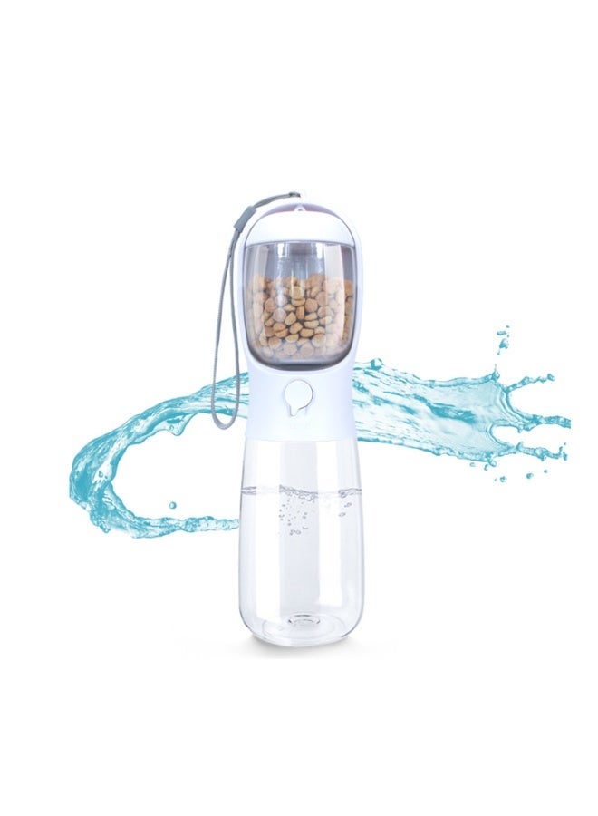 Pet 550ml Water Bottle for Cats and Dogs with 100g Food Storage Hiking Walking Portable Feeder with Coconut Shell Filter 2 in 1 White - Image 1