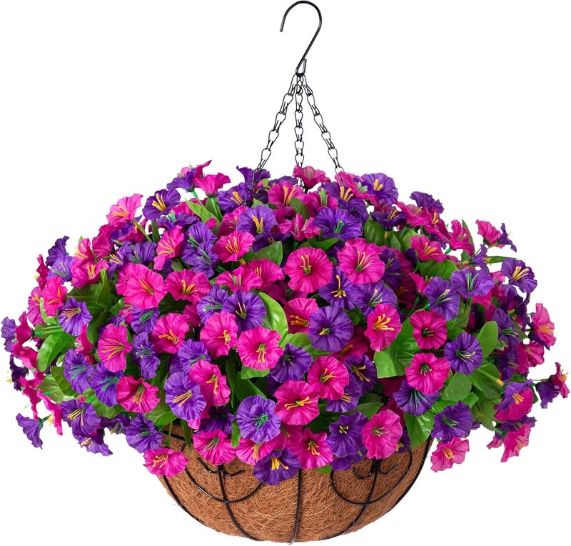 Ammyoo Artificial Fake Hanging Flowers with Basket, Faux Silk Morning Glory Flower Arrangement for Spring Summer Decor, Hanging Plant for Patio Garden Porch Outdoor Decor - Image 1