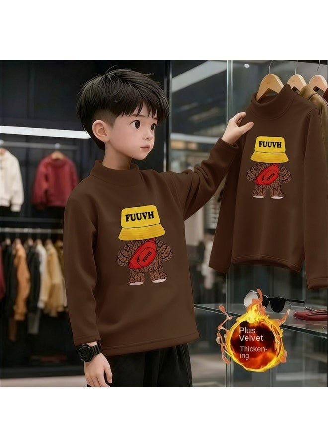 Boys And Girls' Thick Half High Neck Velvet Bottom Shirt, Autumn And Winter New Warm Baby Long Sleeve T-shirt - Image 1