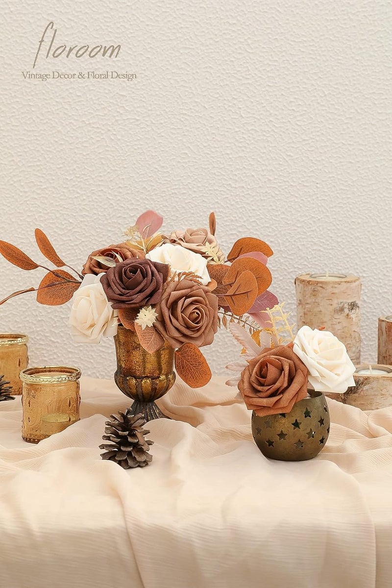 Floroom Artificial Flowers 25pcs Real Looking Earth Tones Ombre Colors Foam Fake Roses with Stems for DIY Wedding Bouquets Bridal Shower Floral Centerpieces Party Tables Home Decorations - Image 5