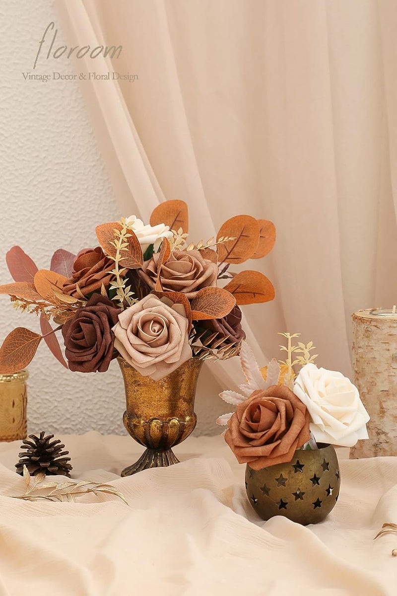 Floroom Artificial Flowers 25pcs Real Looking Earth Tones Ombre Colors Foam Fake Roses with Stems for DIY Wedding Bouquets Bridal Shower Floral Centerpieces Party Tables Home Decorations - Image 2