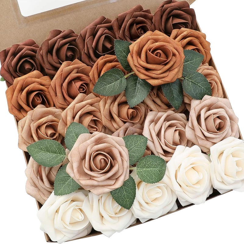 Floroom Artificial Flowers 25pcs Real Looking Earth Tones Ombre Colors Foam Fake Roses with Stems for DIY Wedding Bouquets Bridal Shower Floral Centerpieces Party Tables Home Decorations - Image 1