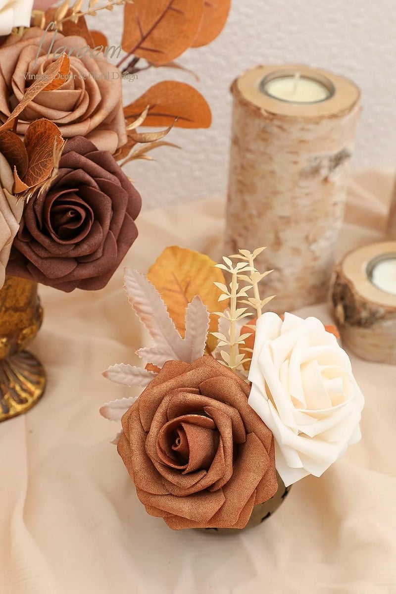 Floroom Artificial Flowers 25pcs Real Looking Earth Tones Ombre Colors Foam Fake Roses with Stems for DIY Wedding Bouquets Bridal Shower Floral Centerpieces Party Tables Home Decorations - Image 3