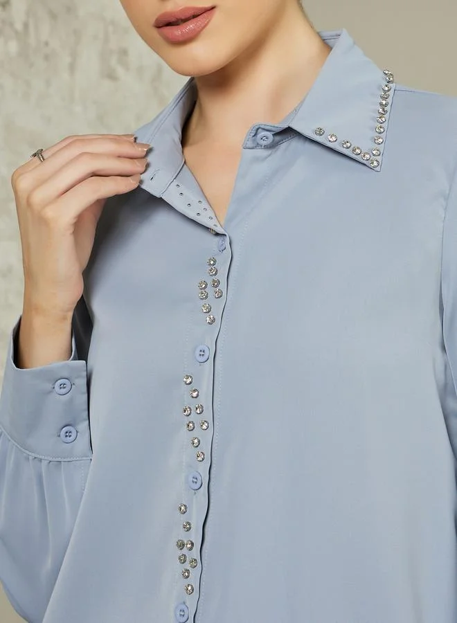 Styli Embellished Studded Spread Collar Shirt