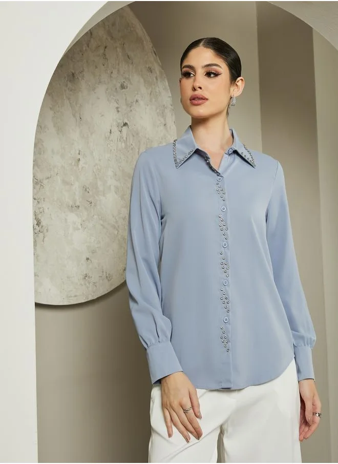 Styli Embellished Studded Spread Collar Shirt