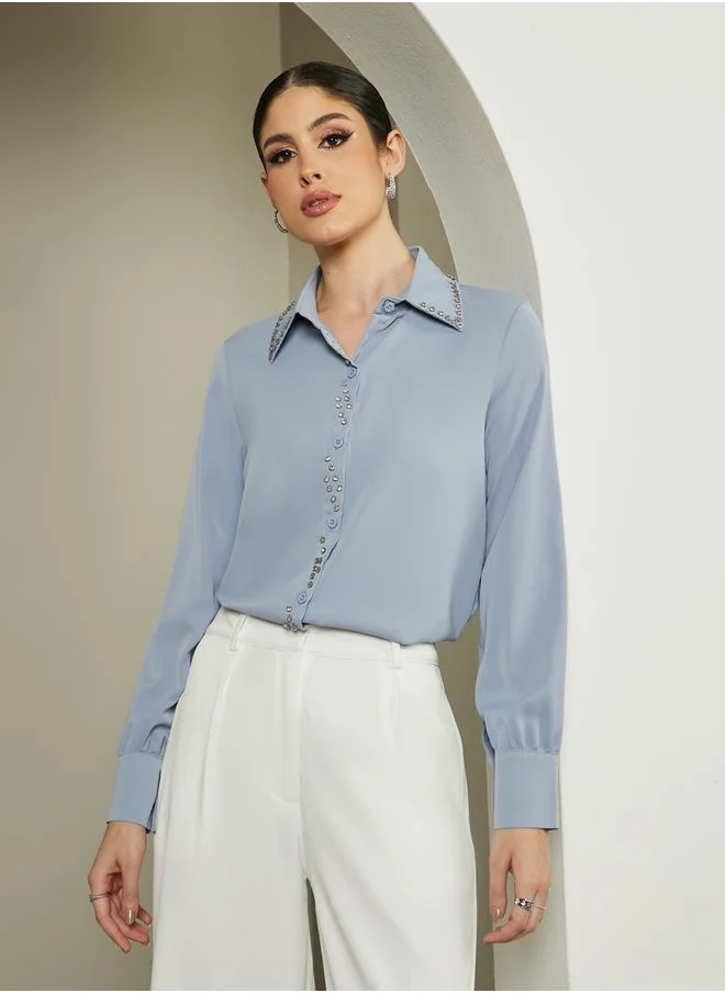 Styli Embellished Studded Spread Collar Shirt