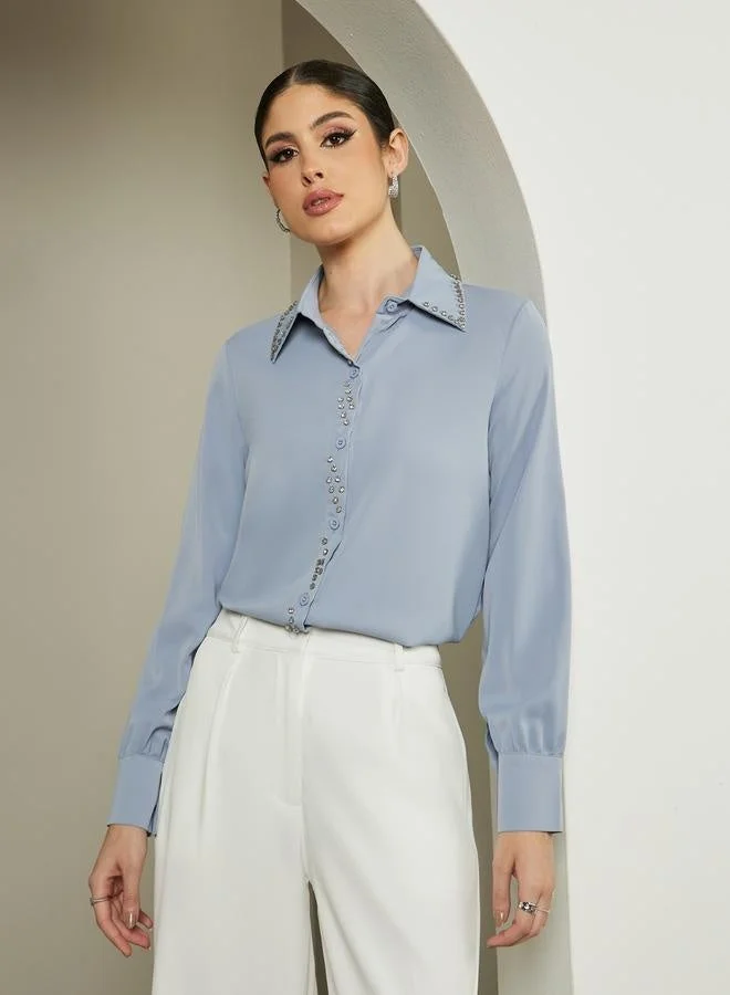 Styli Embellished Studded Spread Collar Shirt