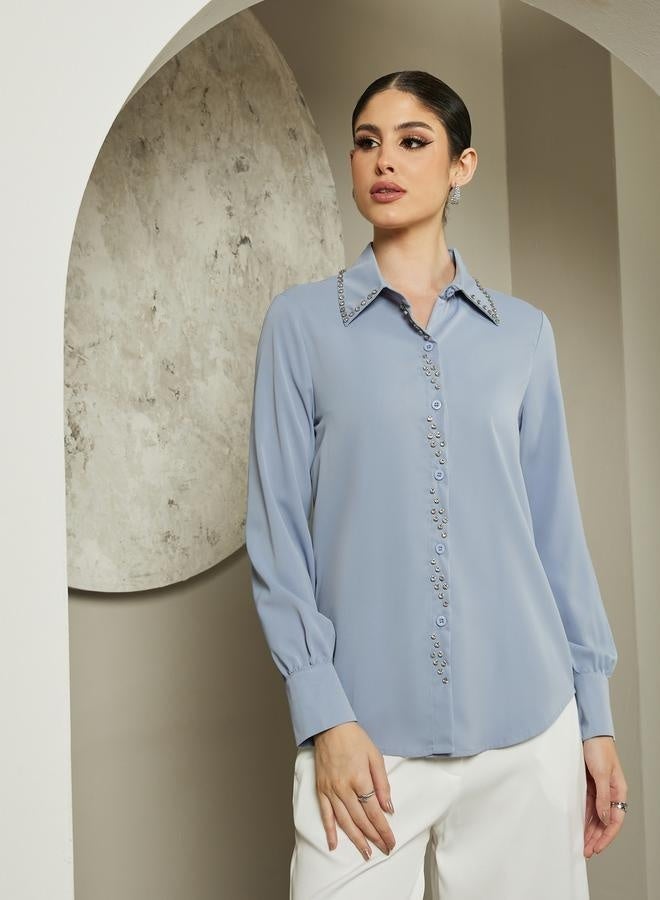 Styli Embellished Studded Spread Collar Shirt - Image 1