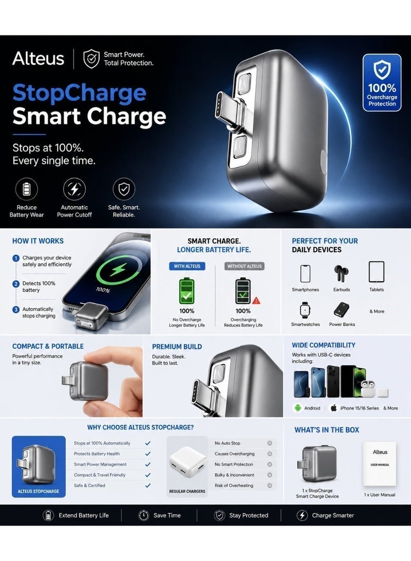 ألتيوس محول Stop Charge USB-C للفصل الميكانيكي التلقائي – يمنع الشحن الزائد، وارتفاع الحرارة، ومخاطر الحريق – حماية أمان شاملة لشحن الهواتف الذكية والأجهزة اللوحية وأجهزة الكمبيوتر المحمول - Image 5