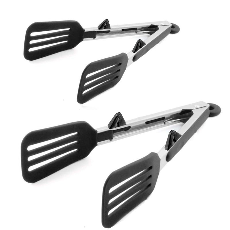 STARUBY Kitchen Tongs 9 inches and 12 inches Fish Spatula Stainless Steel Locking with Silicone Tips Cooking Salad Buffet BBQ Serving Tongs Heat Resistant Meat Turner Spatula Tongs Black