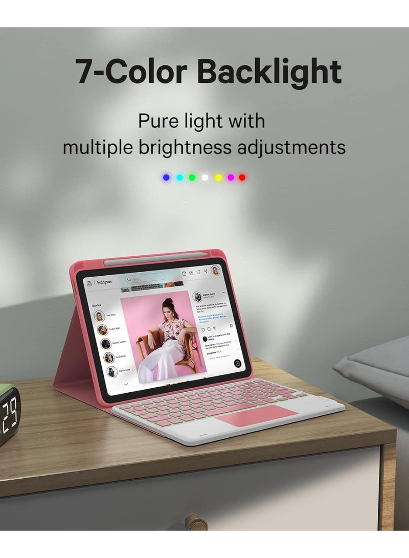 جراب لوحة مفاتيح لجهاز iPad الجيل الحادي عشر (A16، 2025) / الجيل العاشر (2022)، غطاء مقاوم للبقع، إضاءة خلفية بسبعة ألوان، جراب لوحة مفاتيح قابل للفصل مع لوحة لمس وحامل قلم، أحمر - Image 3