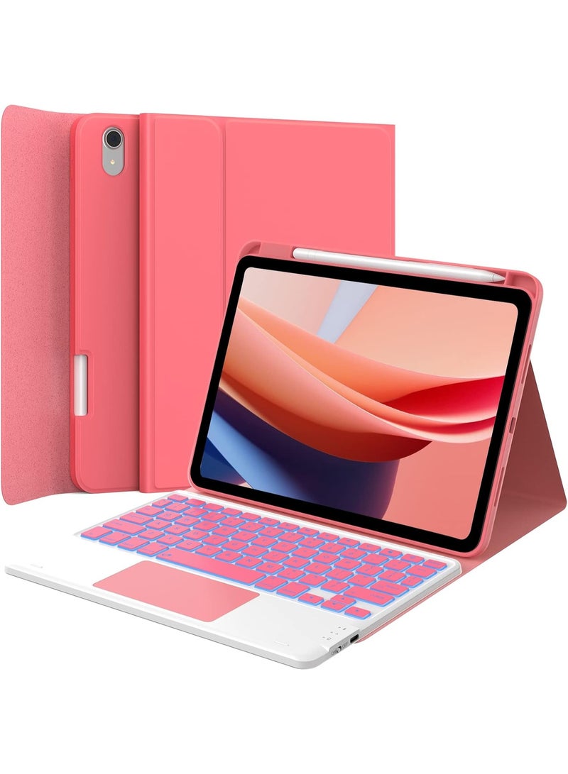 جراب لوحة مفاتيح لجهاز iPad الجيل الحادي عشر (A16، 2025) / الجيل العاشر (2022)، غطاء مقاوم للبقع، إضاءة خلفية بسبعة ألوان، جراب لوحة مفاتيح قابل للفصل مع لوحة لمس وحامل قلم، أحمر - Image 1