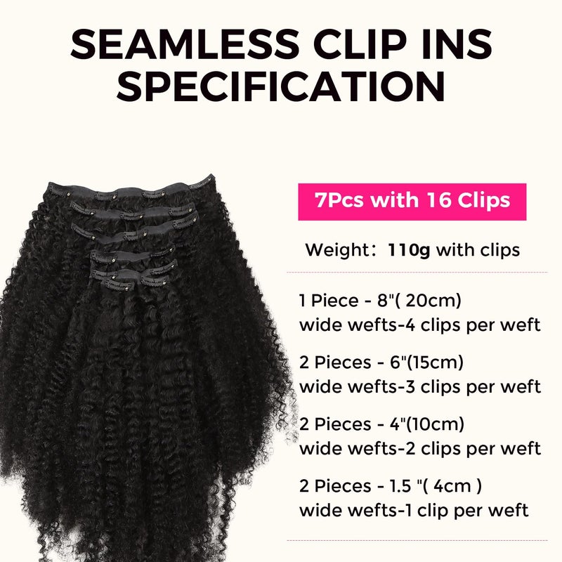 Lashey Clip in Hair Extensions Real Human Hair 16 Inch 110g 7pcs Afro Kinky-Curly Human Hair Clip Ins 4c Natural Black Hair - Image 2