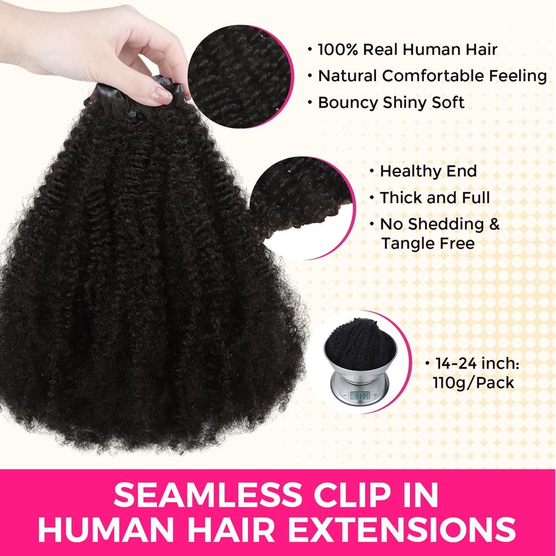 Lashey Clip in Hair Extensions Real Human Hair 16 Inch 110g 7pcs Afro Kinky-Curly Human Hair Clip Ins 4c Natural Black Hair - Image 3