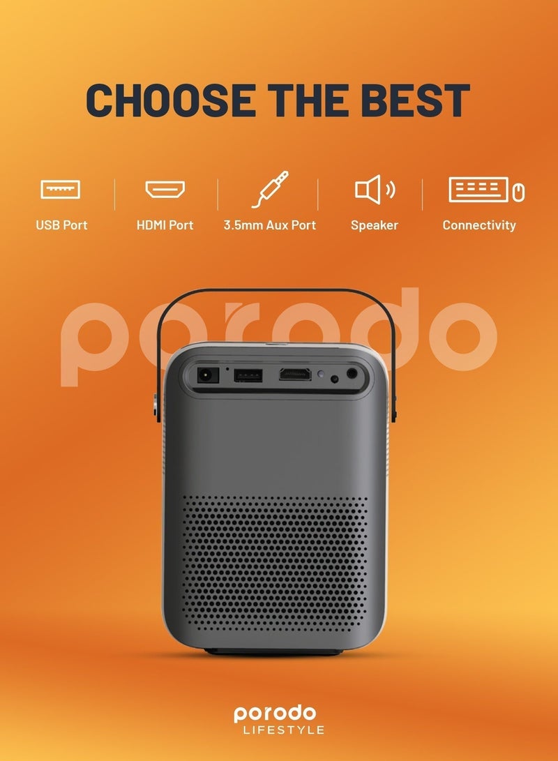 بورودو بروجكتور محمول Full HD بحجم 100"، نظام تشغيل أندرويد وتطبيقات مدمجة، عكس لاسلكي، مدة تشغيل تصل إلى 70 دقيقة، منافذ USB/HDMI/AUX ومكبر صوت، جهاز تحكم عن بُعد مرفق - أسود - Image 3