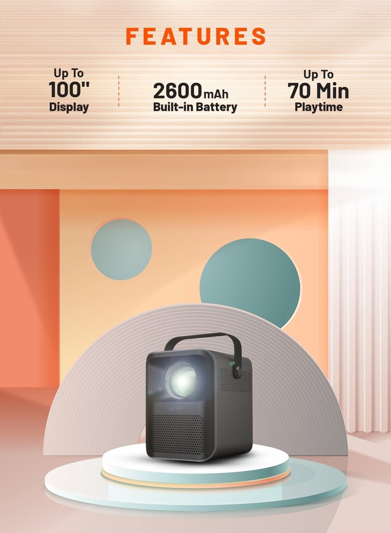 بورودو بروجكتور محمول Full HD بحجم 100"، نظام تشغيل أندرويد وتطبيقات مدمجة، عكس لاسلكي، مدة تشغيل تصل إلى 70 دقيقة، منافذ USB/HDMI/AUX ومكبر صوت، جهاز تحكم عن بُعد مرفق - أسود - Image 4
