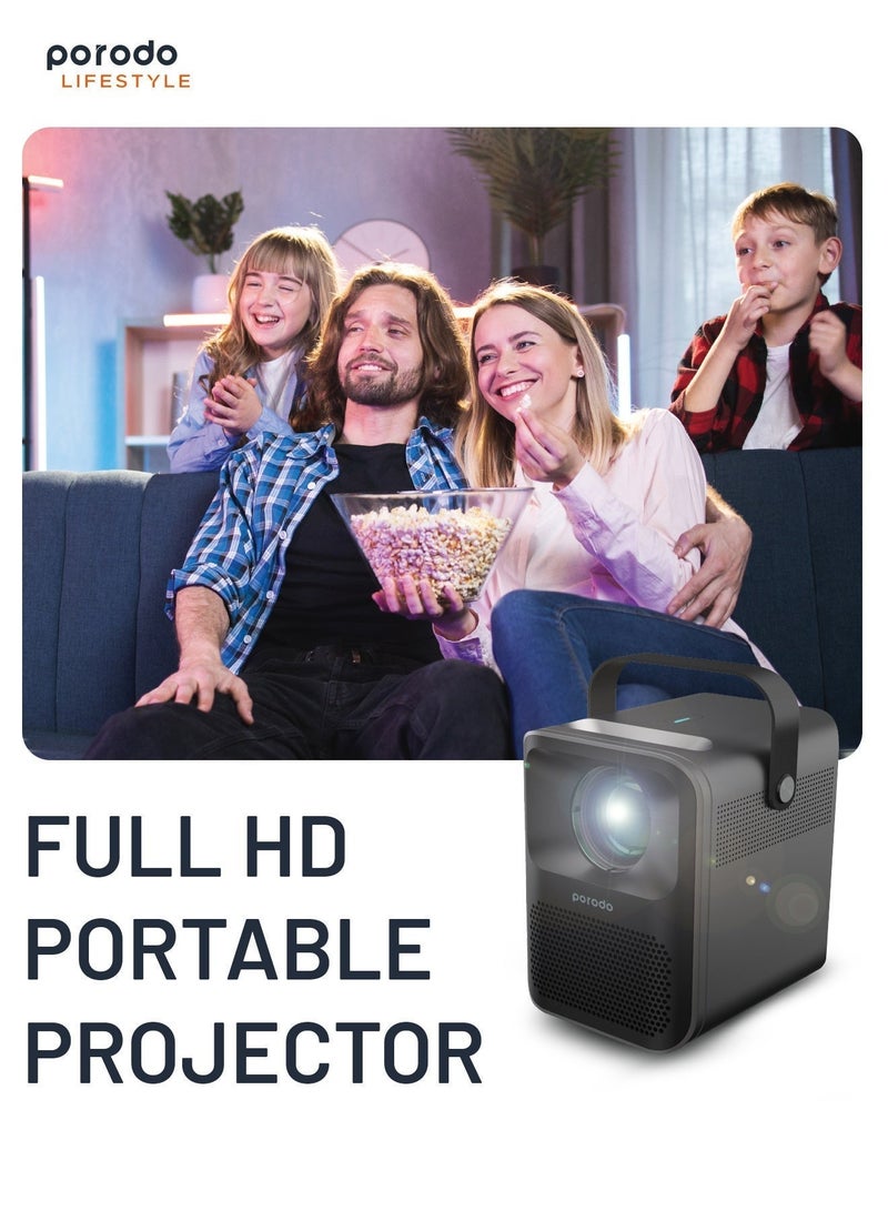 بورودو بروجكتور محمول Full HD بحجم 100"، نظام تشغيل أندرويد وتطبيقات مدمجة، عكس لاسلكي، مدة تشغيل تصل إلى 70 دقيقة، منافذ USB/HDMI/AUX ومكبر صوت، جهاز تحكم عن بُعد مرفق - أسود - Image 2