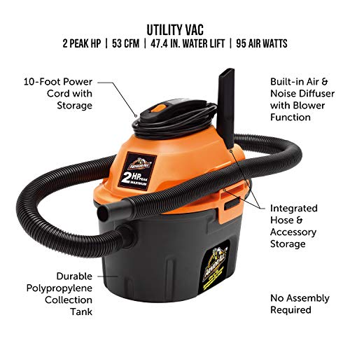 Armor All, AA255 , 2.5 Gallon 2 Peak HP Wet/Dry Utility Shop Vacuum , Orange - Image 2