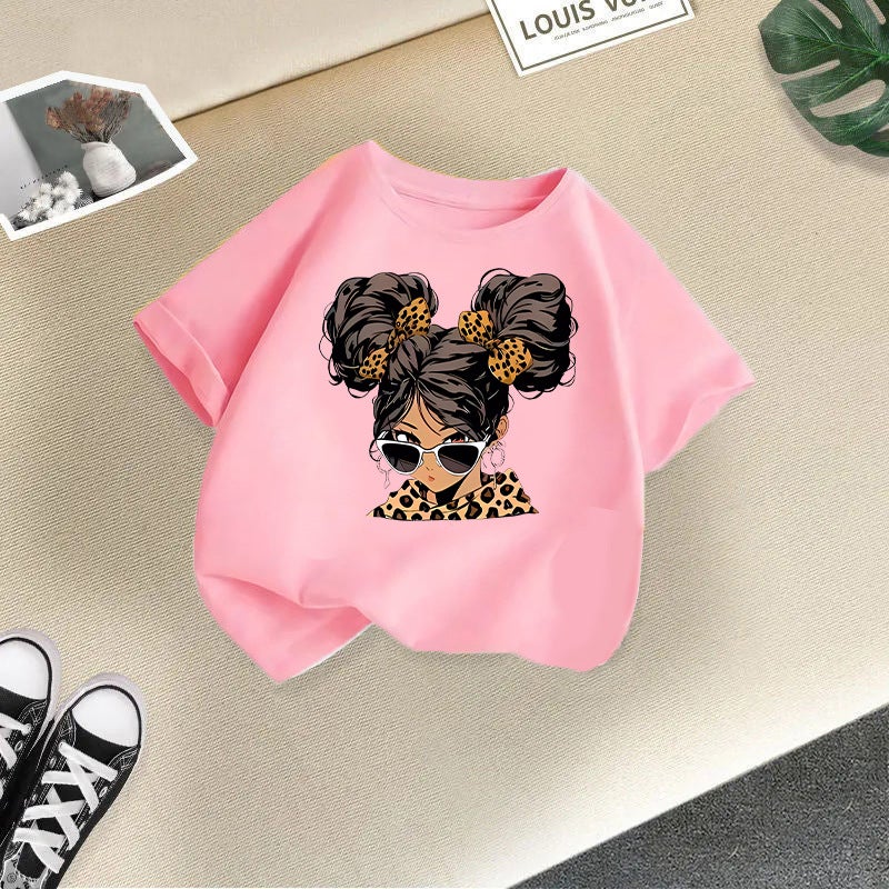 Children'S T-Shirt For Girls, Short-Sleeved Cotton, 2026 New Style, Stylish Cartoon Print Top For Girls, Korean Style Children'S Clothing Trend - Image 1