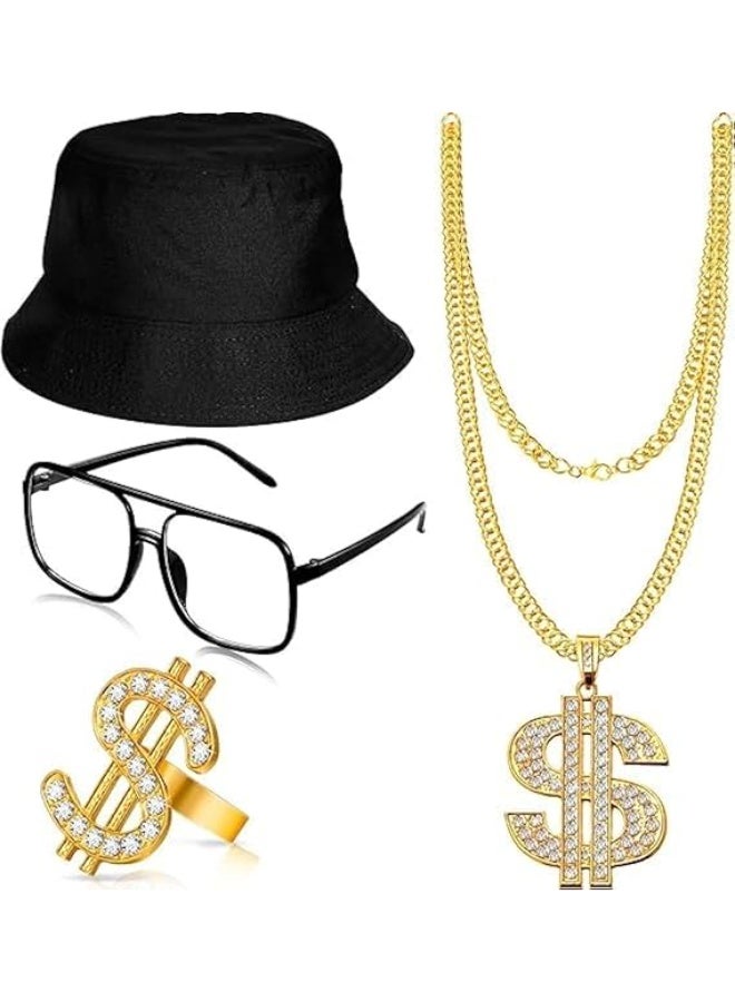 Hip Hop Costume Kit, 80s/90s Rapper Accessories, Bucket Hat, Sunglasses, Gold Chain Ring Outfit for Men Women - Image 1