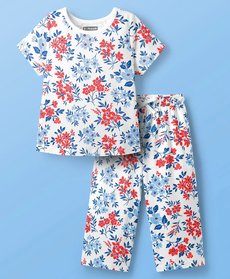 Pine Kids Pine Kids Cotton Knit Short Sleeves Co-Ord Sleepsuit with Floral Print - White