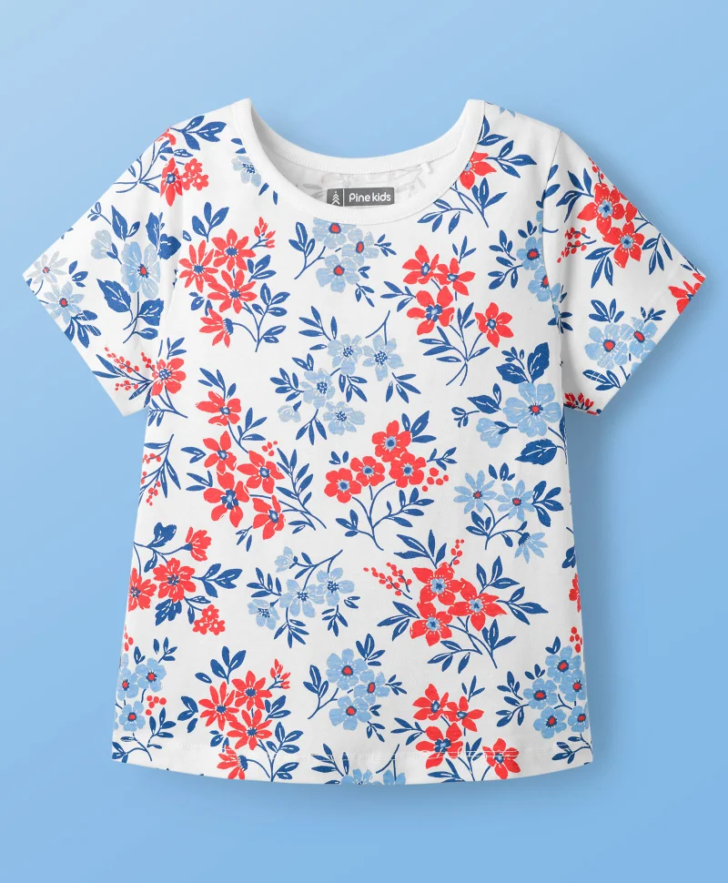 Pine Kids Pine Kids Cotton Knit Short Sleeves Co-Ord Sleepsuit with Floral Print - White