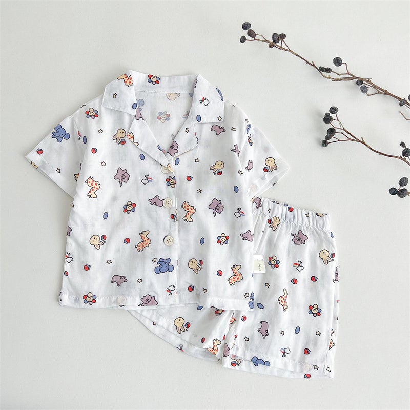 Childrens Pajamas Summer Class A Bamboo Cotton Parent-child Pajamas Short-sleeved Shorts suit Cardigan for Boys and Girls Home Clothes suit Color Zoo 