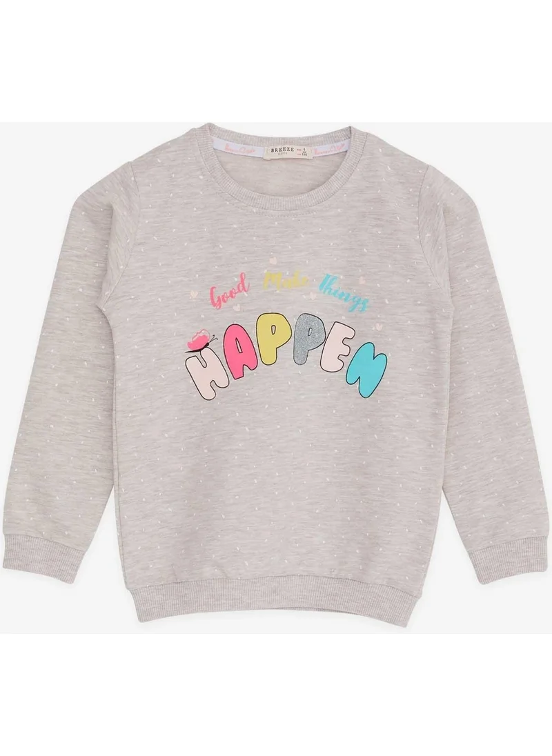 Breeze Girl's Sweatshirt with Text Printed Pattern, Age 3-7, Beige Melange