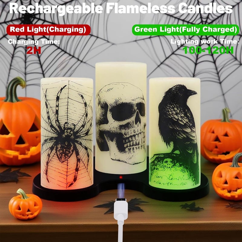 Eldnacele Halloween Flameless Candles with Skull,Spider Web, Crow Raven Decal, Rechargeable Battery Operated Cycle Timer Halloween Themed LED Real Wax Ivory Candles Spooky Decor(3pcs,D3×H6) - Image 3