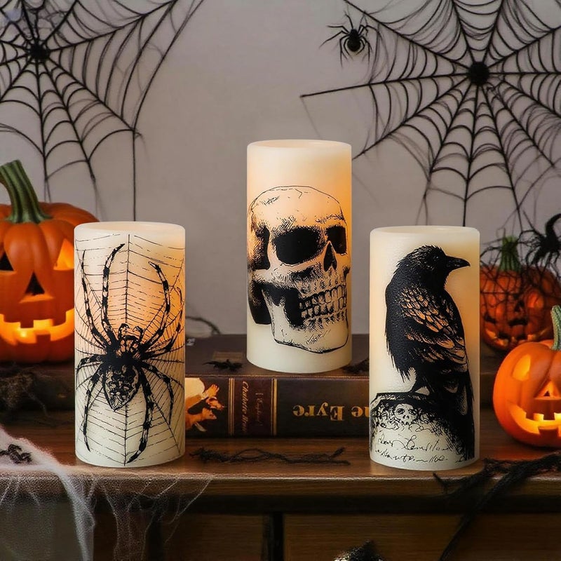Eldnacele Halloween Flameless Candles with Skull,Spider Web, Crow Raven Decal, Rechargeable Battery Operated Cycle Timer Halloween Themed LED Real Wax Ivory Candles Spooky Decor(3pcs,D3×H6) - Image 4