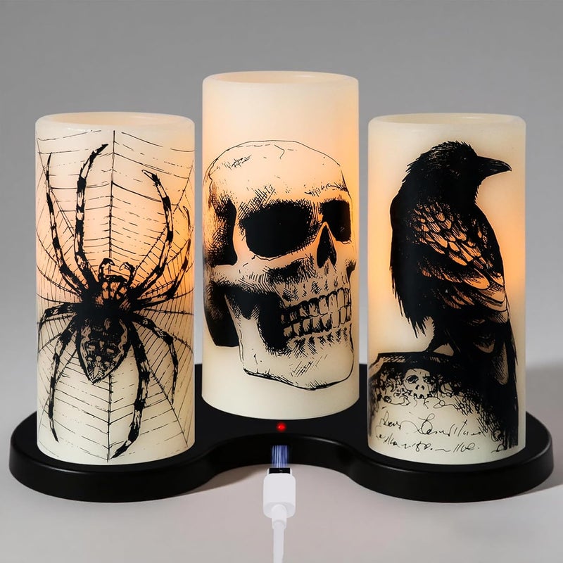 Eldnacele Halloween Flameless Candles with Skull,Spider Web, Crow Raven Decal, Rechargeable Battery Operated Cycle Timer Halloween Themed LED Real Wax Ivory Candles Spooky Decor(3pcs,D3×H6) - Image 1