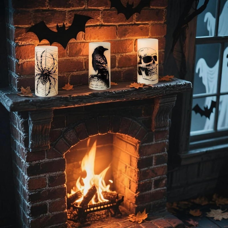 Eldnacele Halloween Flameless Candles with Skull,Spider Web, Crow Raven Decal, Rechargeable Battery Operated Cycle Timer Halloween Themed LED Real Wax Ivory Candles Spooky Decor(3pcs,D3×H6) - Image 5
