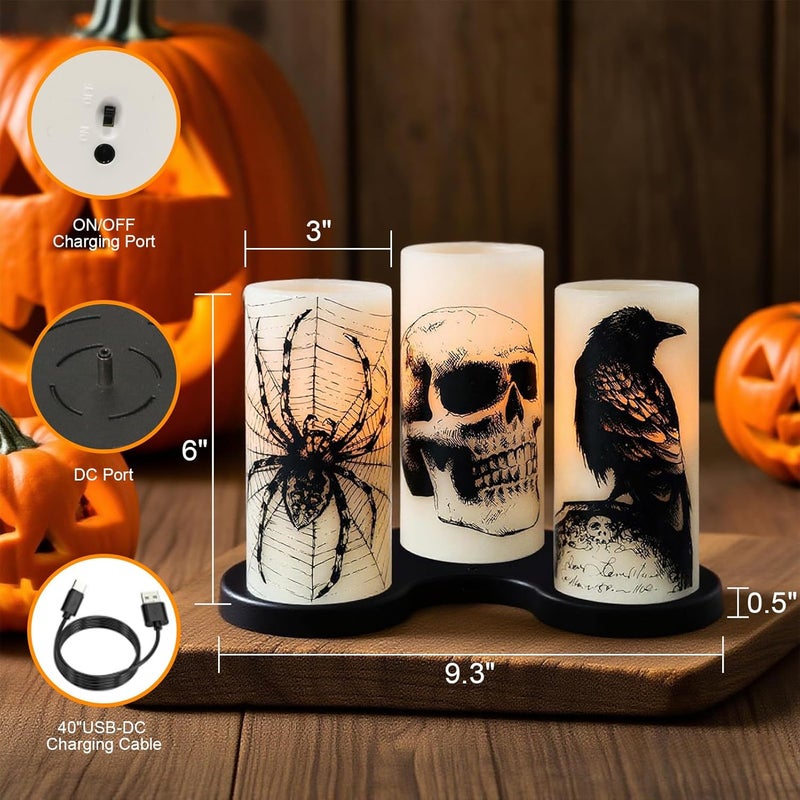 Eldnacele Halloween Flameless Candles with Skull,Spider Web, Crow Raven Decal, Rechargeable Battery Operated Cycle Timer Halloween Themed LED Real Wax Ivory Candles Spooky Decor(3pcs,D3×H6) - Image 2
