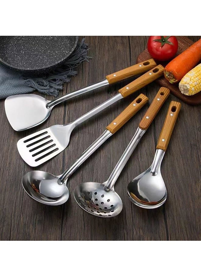 5-Piece Stainless Steel Wok Tools Spatula Cooking Utensils Set -Wok Tools Professional Set, Wooden Handle (Spoon, Spatula, Rice Spoon, Strainer, Frying Spatula) - Image 1